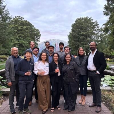 SaBRe team participating in the 2026 VIFF Convening meeting in St. Louis. From the left and back: Hauke Kite-Powel, Aaron Moment, Sergio Garcia, Debashish Bhattacharya, Krishi Mantri, Jose Avalos, Austin Seamann, Loretta Roberson, Shishir Chundawat, Yalin Li, Shamwari Anseeuw, Rebeca Mata, and Liz Diaz at the Missouri Botanical Garden.